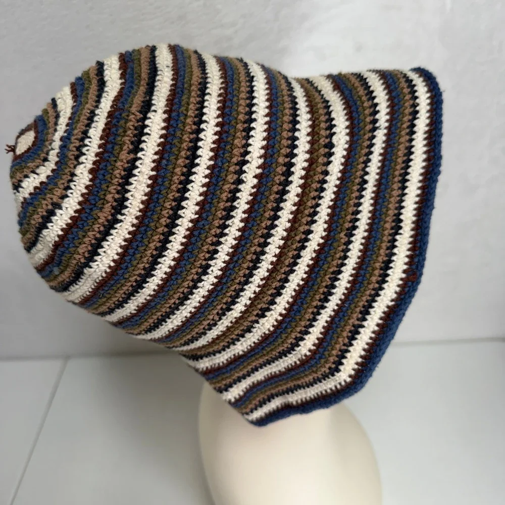 Vintage 90s Bucket Hat Crochet Knit Striped Boho Festival Knit Multicolor Retro
